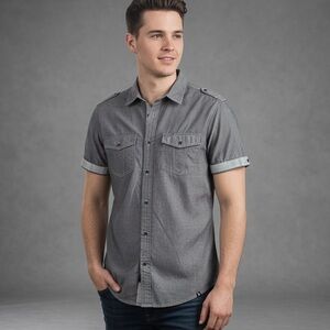 Marc Ecko Cut & Sew Gray Military Style Button Down Shirt Men’s Medium